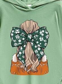 SHEIN ModeFlare Wear 2pcs/Set Young Girl Summer Cute Floral Girl Silhouette Print Round Neck Short Sleeve Hoodie Top & Long Pants Set For Young Girls, Casual, Comfy, Cotton Blend Green Baby Girls Setskids Girl Outfit Greengreen Kids Outfit - Green - View 3