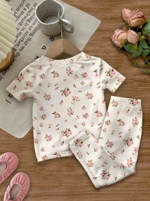 SHEIN Áo thun tay ngắn cổ tròn họa tiết hoa cho bé gái mặc ở nhà, mùa hè - trắng - Xem 3