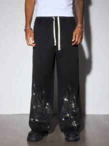 ROMWE MEN Street Life Pantalon de survêtement à jambe droite pour hommes avec un design effet flamme et strass dans un style américain de rue - Noir - Voir 4