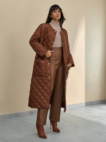 CLARA VERO 女士钻石图案纯色圆领保暖泰迪毛衣户外夹克，冬季 - 黃色 - 查看 1