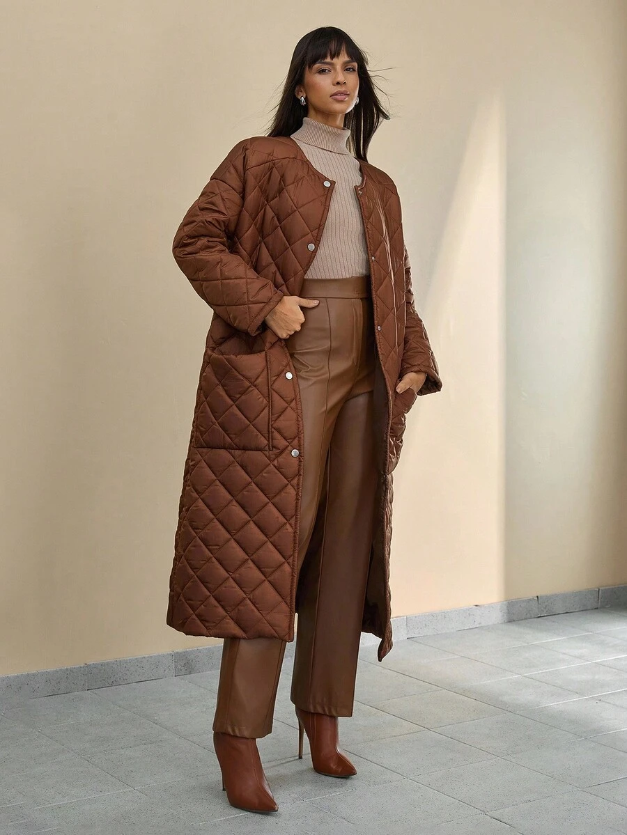 CLARA VERO 女士钻石图案纯色圆领保暖泰迪毛衣户外夹克,冬季 - 黃色 - 查看 1
