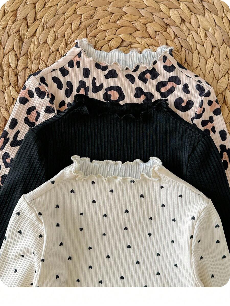 SHEIN 3 件 Babygirl 可爱休闲百搭针织豹纹波点图案长袖上衣 - 杏色 - 查看 1