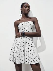 SHEIN LUNE Fashionable Sexy Fitted Wavy Flared Hem Strapless Polka Dot Dress For Women Summer Dress Looks Of Party Clothes For University - Black and White - View 3