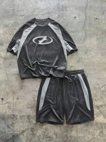 AXEPEAK 2pcs Men's Knit Casual Loose Fit Short Sleeve T-Shirt And Elastic Waist Straight Leg Shorts Set