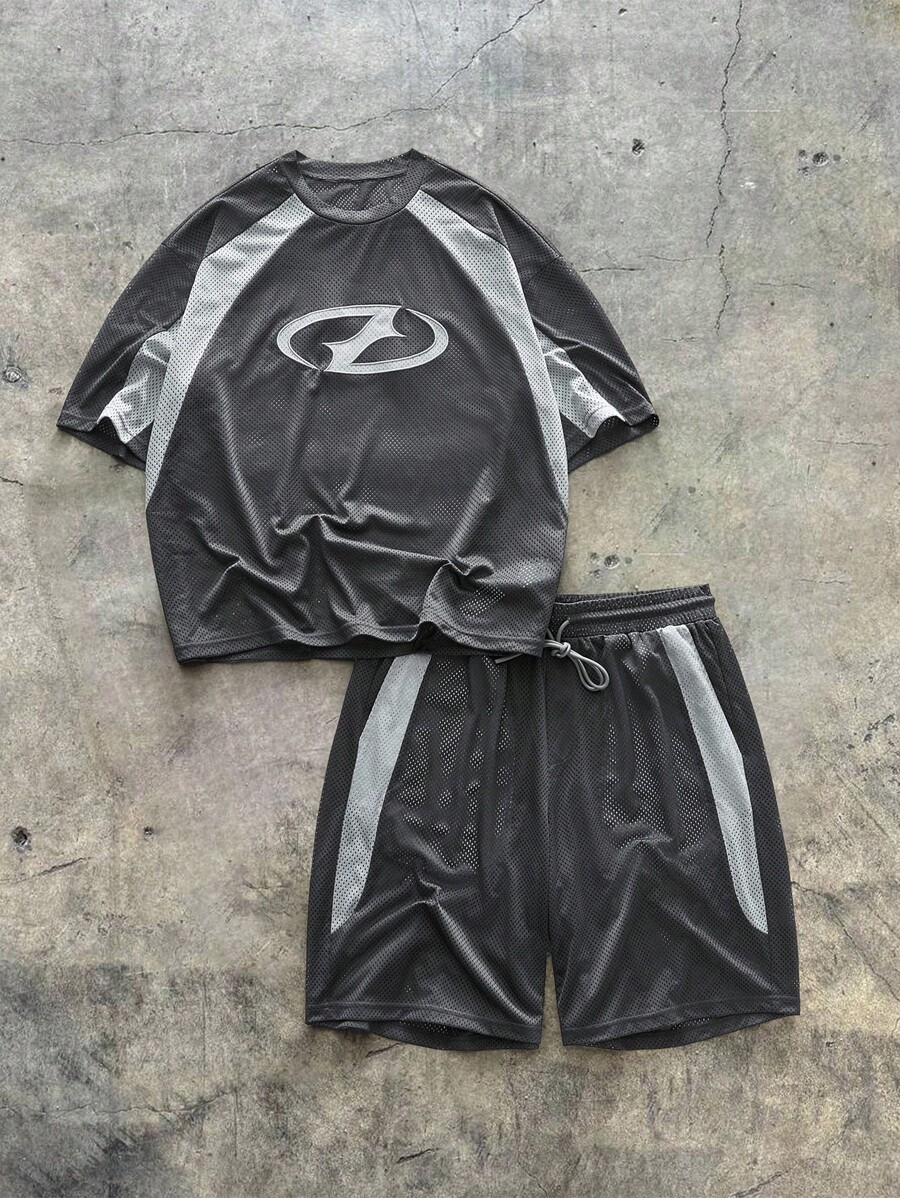 AXEPEAK 2pcs Men's Knit Casual Loose Fit Short Sleeve T-Shirt And Elastic Waist Straight Leg Shorts Set