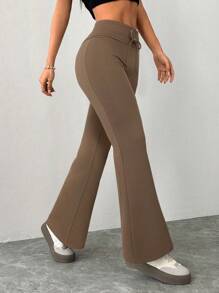 SHEIN PETITE 女式休闲灰色针织松紧腰喇叭运动裤 - 棕色 - 查看 5