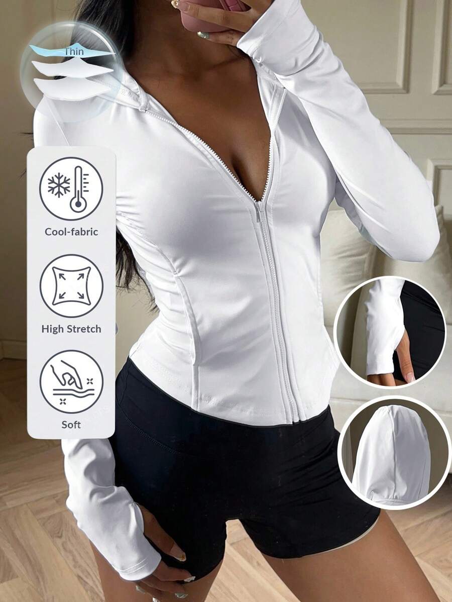 SHEIN EZwear White Knitted Slim Hooded Women's Thin Coat Cool Sun Protection Long Sleeve Jacket Suitable For Autumn And Winter - Black - View 1