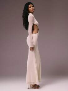 MUSERA 长袖高领露腰收腰修身连衣裙，适合秋冬季、夏季度假、夜晚外出、约会、婚礼宾客、生日派对、俱乐部、性感早午餐、外出游轮派对、优雅伊比沙岛等场合，少女可爱，适合新娘、单身派对、告别单身派对、婚礼等场合。 - 杏色 - 查看 3