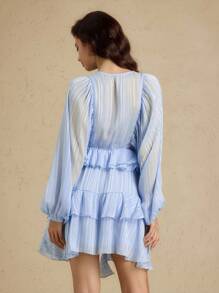 Briarwyn 女式条纹纽扣设计灯笼袖荷叶边下摆时尚连衣裙 - 淺藍色 - 查看 3