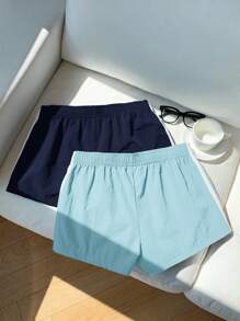 Comfortcana 2pcs Women's Summer Contrast Color Waistband Shorts - Blue - View 2
