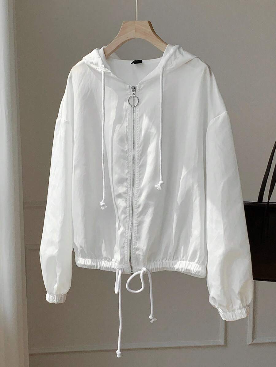 SHEIN EZwear 秋冬女式简约休闲纯色梭织轻薄拉链连帽夹克 - 白色 - 查看 1