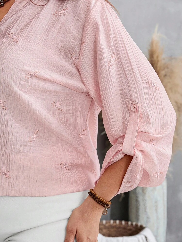 Plus Size Women Casual Embroidered Button Roll Up Sleeve Shirt,Fall Plus Size,Formal Tops For Women,Business Casual Woman,Classy For Women,Work Tops,For Stylish Everyday Wear,Fall For Women,Chic Autumn