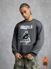GODZILLAxKONG X SHEIN 男式字母与怪物图案圆领长袖套头衫 - 深灰色 - 查看 1