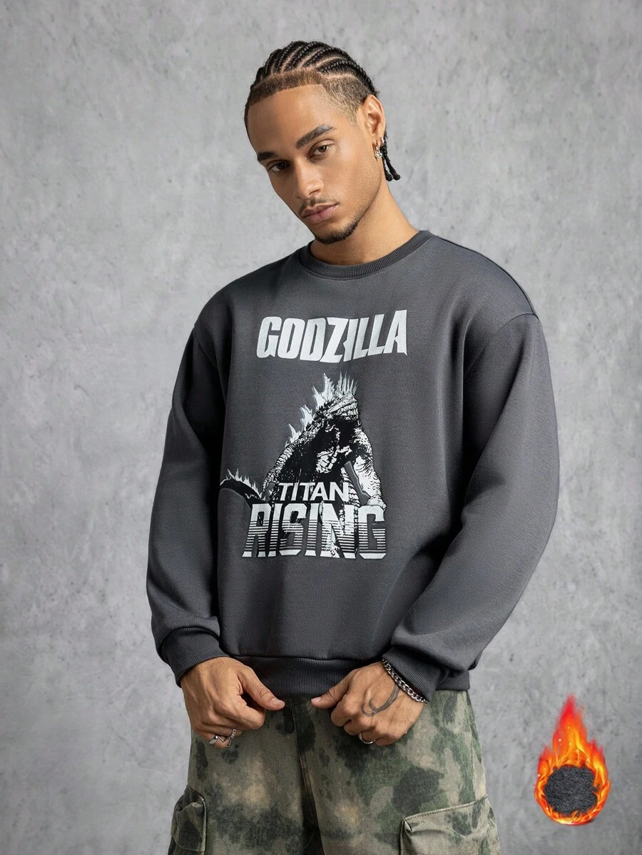 GODZILLAxKONG X SHEIN 男式字母与怪物图案圆领长袖套头衫 - 深灰色 - 查看 1