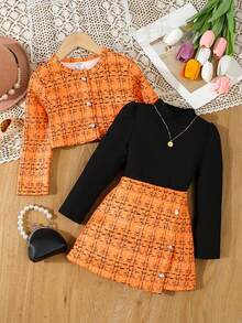 SHEIN Young Girl Plaid Long Sleeve Single-Breasted Jacket, Long Sleeve Top And Mini Skirt Fashion Set Orange Two Piece Set Kids Kids Two Piece Jacket With Skirt Tween Orange Outfit Orange Girl Outfit Orange Kids Skirt Set Fall Winter - Orange - View 3