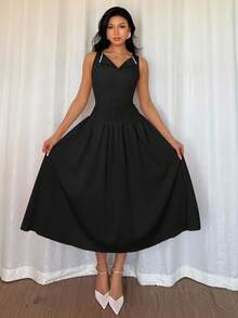 Modelyn Women's Button Decor Pleated Sleeveless Casual Mid-Length Solid Color Dress - Black - View 5