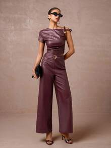 Lumalex Fall/Winter Collection Women's High Waist Straight Leg Pants With Faux Leather Belt Included Elegant Suit Pants Everyday Glamorous, Party, Going Out, Dates Essential, Birthday Gift, Teacher's, Business Casual, Luxury , Elegant For Women, New Year's Eve ID Al-Adha Al-Adha Party - Burgundy - View 7
