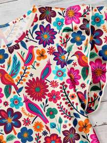EMERY ROSE Plus Size Women's Daily Casual Elegant Retro Holiday Style Tropical Floral Retro Pattern Round Neck Double Layer Cap Sleeve Loose Shirt, Women's Summer Clothing, Women's Vacation Clothing, Women's Summer Clothing, Women's Going Out Tops,Flower/Spring - Multicolor - View 7