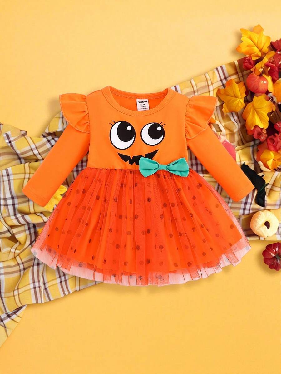 SHEIN Vestido de manga larga con malla y estampado de calabaza sonriente para niñas bebé, adecuado para fiestas y uso casual - Naranja - Ver 1