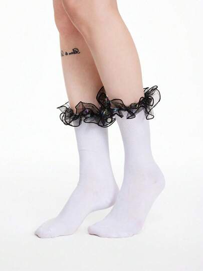 Kawaii 1 par de calcetines reversibles de media pantorrilla con ribete de encaje para mujeres, adecuados para todas las estaciones