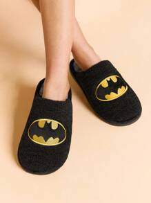 BATMAN X SHEIN 时尚金色刺绣男女防滑室内拖鞋柔软毛绒保暖冬季家居鞋耐用鞋底黑色，居家卧室空调房春秋季男女通用 - 黑色 - 查看 2