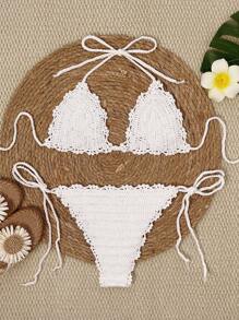 Swim Vcay 2pcs Set European & American Style Handmade Crochet Daisy Patterned Bikini Swimsuit Cover-Up For Summer Beach Vacation - White - View 2