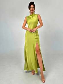 Firerie 女士优雅、浪漫、迷人的绿色缎面船领无袖纽扣装饰开衩下摆修身及地长裙，适合派对、庆典、正式场合、毕业典礼、婚礼作为宾客着装，夏季和秋季 - 綠色 - 查看 5