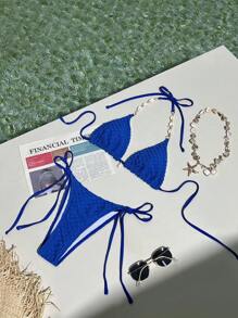 SHEIN Swim Women Shell Beaded Halter Bikini Top And Low Waist Knotted Bikini Bottom For Summer Beach Vacation - Royal Blue - View 1