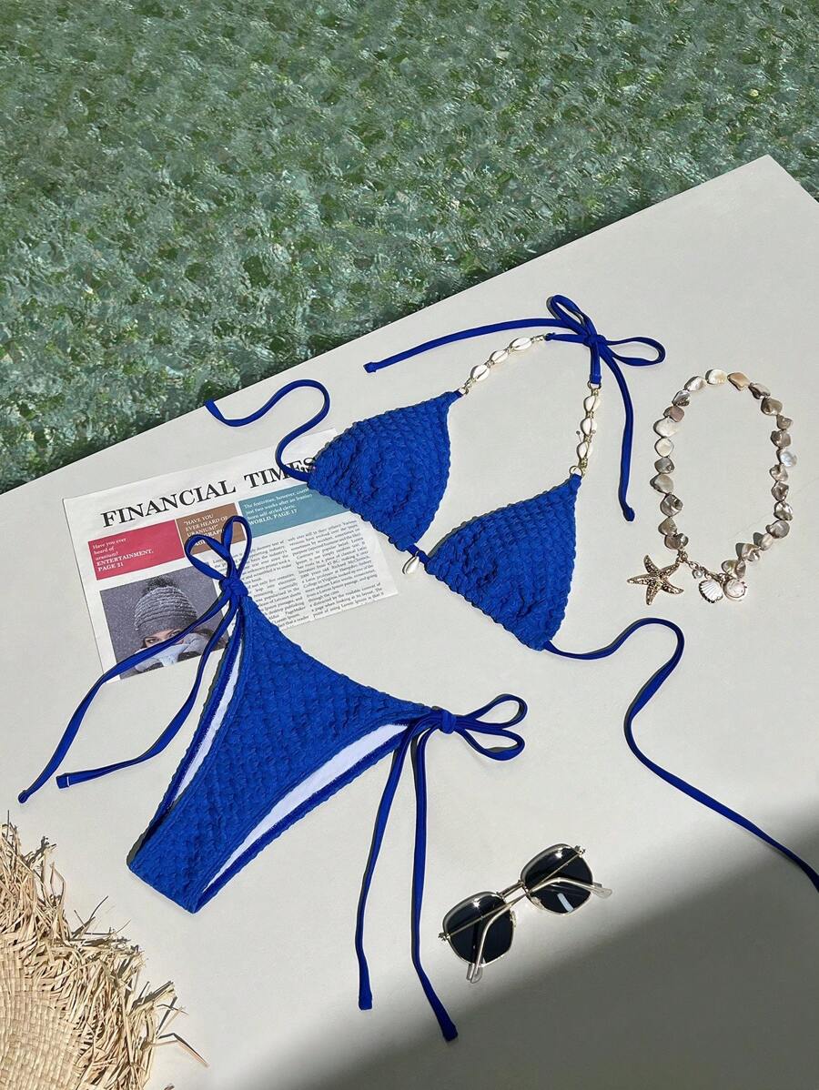 SHEIN Swim Women Shell Beaded Halter Bikini Top And Low Waist Knotted Bikini Bottom For Summer Beach Vacation - Royal Blue - View 1