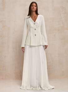 SHEIN BAE Ensemble veste blazer à simple boutonnage et jupe plissée simple pour femmes, pour le travail - Blanc - Voir 6