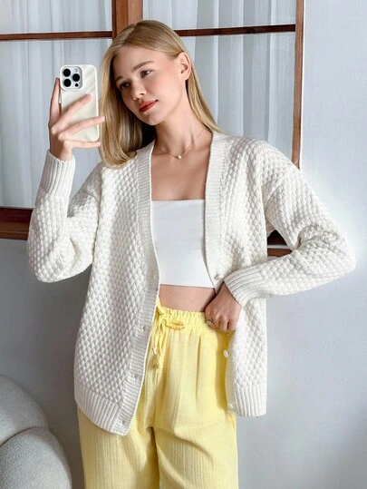 EURMUSE Textured Honeycomb Knit Cardigan With V-Neck And Covered Buttons – Cream White / Vintage Chic Fashionable Elegant Metal Button Open Front Solid Color Opaque Sleeveless Round Crew Neck Business Jacket Work Outfits Waistcoat Slim Modest Minimalana Casaul Top Tank Knit Vest Sweater For Women Crew Neck Plain Dolman Fashion Casual Loose Cozy Solid Outfit Lounge Long Sleeve Pullover Wide Leg Pants Tracksuit Cable Knit Sweater Set For Women,Cardigans,Petite,Tall