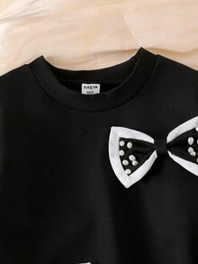 SHEIN 两件套女童黑色珍珠蝴蝶结长袖卫衣裤套装，舒适休闲日常穿着，春秋冬季皆宜 - 黑色 - 查看 7