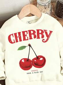 SHEIN 2pcs/Set Young Girl Vintage Cherry Pattern Cream White Casual Crew Neck Long Sleeve Sweatshirt And Leggings,Autumn/Winter Back-To-School Kids Outfit - Multicolor - View 4