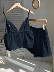 Comfortcana Women's Simple Casual Navy Blue 2 Pieces Set