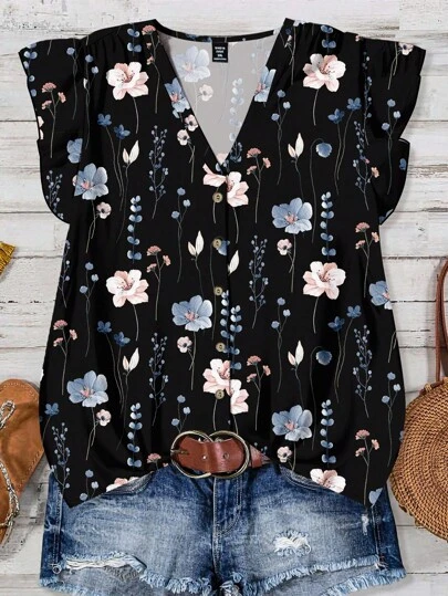 EMERY ROSE Plusstorlek Dam Casual Semester Svart V-ringad Fladdrande Ärm Avslappnad Passform Blå & Vit Blommigt Tryck Lös Chiffongskjorta, Dam Sommar Semester Chic Blusar För Dam