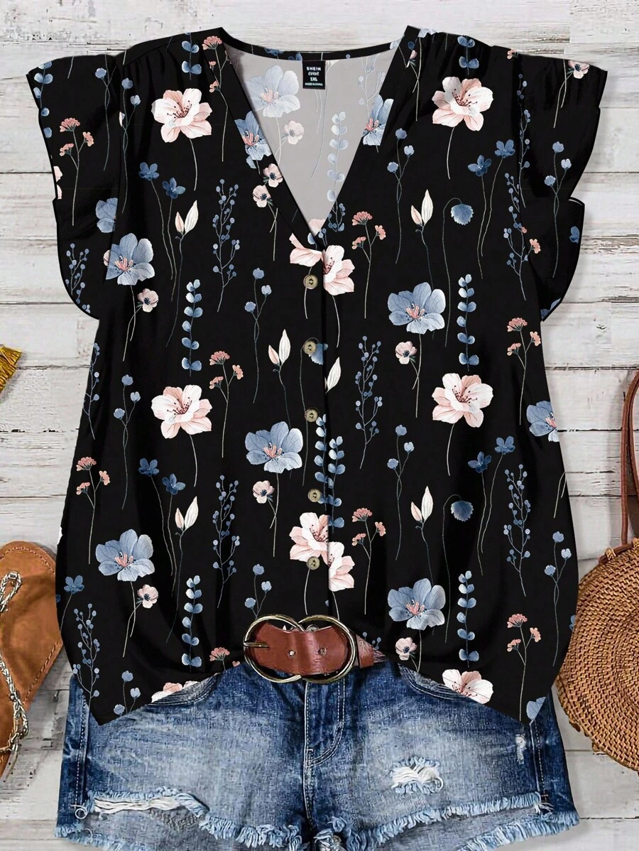 EMERY ROSE 大码女式休闲度假黑色V领荷叶袖宽松蓝白碎花印花雪纺衬衫，女士夏季度假时尚上衣 - 黑色 - 查看 1