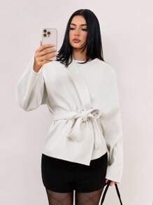 SHEIN Tall 女式简约纯色前开插肩大衣白色系带前上衣裹身开衫女式开衫白色开衫系带前开衫曲线开衫秋冬 - 白色 - 查看 6