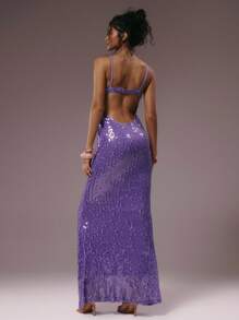MUSERA Double Layer Sequin Cut Out Fitted Maxi Dress Purple Summer 70's Club Night Party Disco Draped Front Beaded Strapless Wedding Guest Long Dress - Purple - View 4