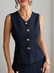 Elenzga 立领纽扣水洗牛仔衬衫 - 深色水洗藍 - 查看 2