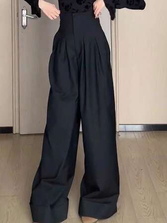 Rafferiza 纯色高腰斜口袋褶皱阔腿裤