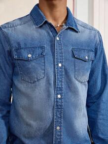 SWAVVY Men's Simple Long Sleeve Casual Denim Jacket, Fall, Plain, Flap Pocket Detail, Grunge, Urban, Work - Blue - View 6
