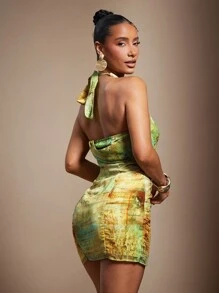Hauture Sexy Vacation Abstract Printed Tortoiseshell Embellished Neckline Draped Halter Mini Dress - Multicolor - View 5