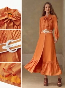 MOTF PREMIUM TIE NECK RUFFLE HEM LONG DRESS - Rust Brown - View 1
