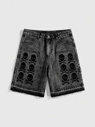 Goth Men's Skeleton Embroidery Casual Denim Shorts, Halloween