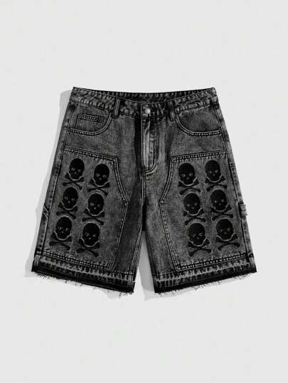 Goth Herren Skeleton Stickerei Lässig Jeans Shorts, Halloween