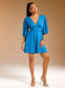 Vixey Women's Summer Minimalist Solid Deep V-Neck Romper, Bright Blue Dress, Blue Vacation Dress, Blue Summer Dress, Lace Up Back Dress, Vacation Outfits For Women - Blue - View 3