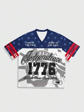 Prep قميص بولو كاجوال للرجال مطبوع بنجمة وحرف، ألوان متباينة، صيفي