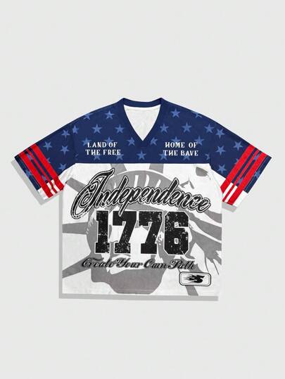 Prep Men's Casual Colorblock Star & Letter Print Polo Shirt Sporty Jersey