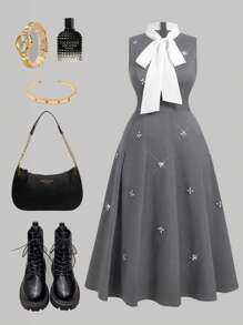 SHEIN MOD 女士加大码优雅褶皱灰色水晶装饰中长连衣裙，适合派对、闪亮连衣裙、办公室连衣裙、工作连衣裙、商务休闲、复古风格、学院风格、闪亮连衣裙、返校、情人节、深灰色