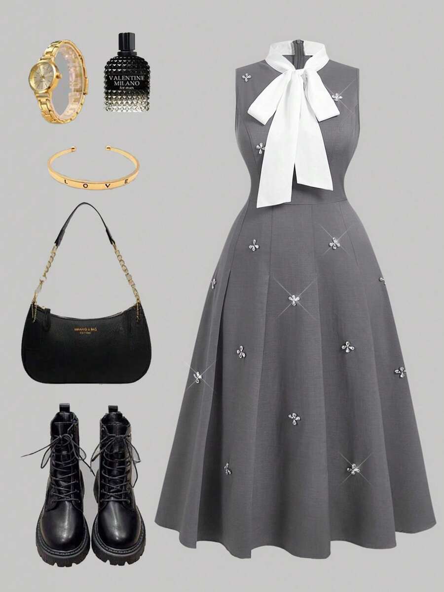 SHEIN MOD 女士加大码优雅褶皱灰色水晶装饰中长连衣裙，适合派对、闪亮连衣裙、办公室连衣裙、工作连衣裙、商务休闲、复古风格、学院风格、闪亮连衣裙、返校、情人节、深灰色